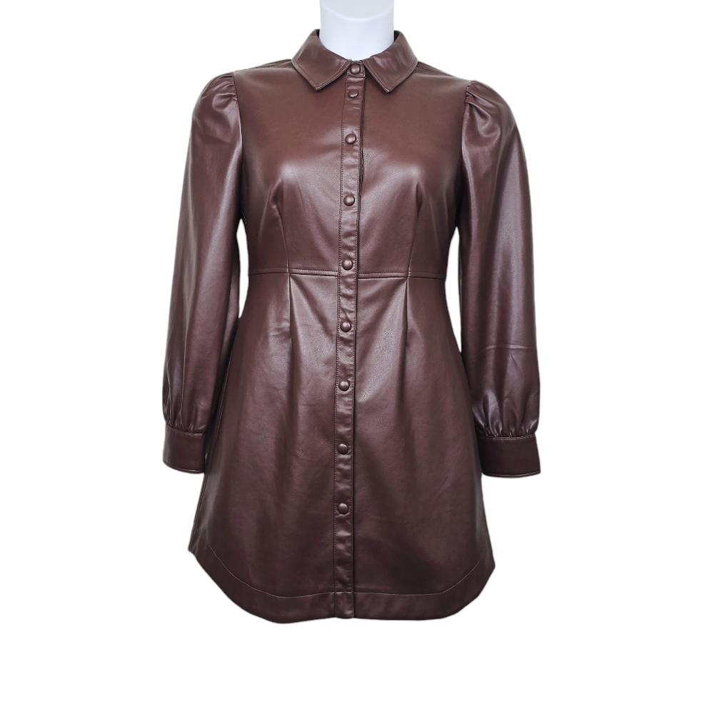 7 For All Mankind Womens Puff Sleeve Brown Faux Leather Shirtdress Size S NWT
